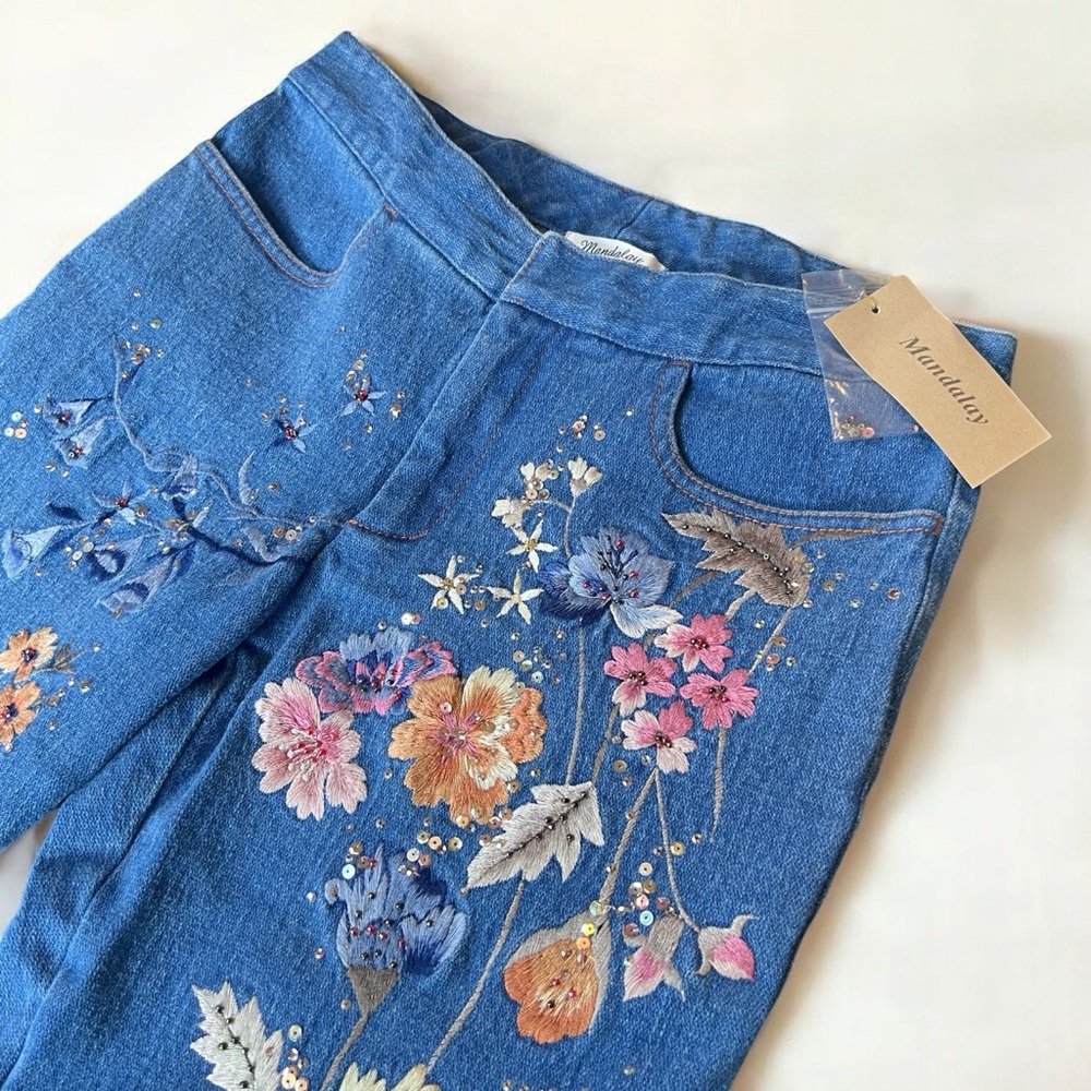 Mandalay All Over Floral Embroidered Beaded Low Rise Jeans